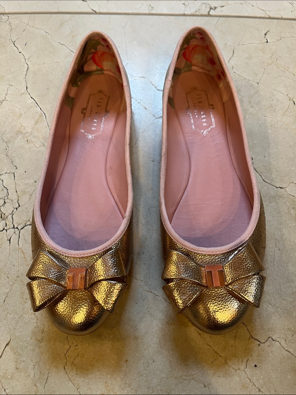 Ted Baker Metallic Rose Gold Bow Ballet Flats with Pink Interior